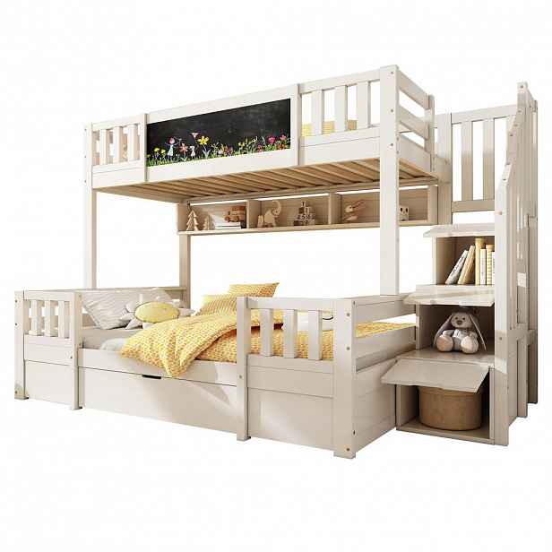 CHICFURN PATROVÁ POSTEL 90/200 cm & 140/200 cm v bílé barvě s úložným prostorem a tabulí