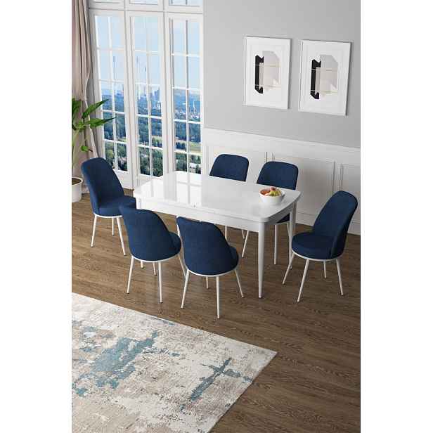 Extendable Dining Table & Chairs Set (7 Pieces) Zen - White, Navy Blue