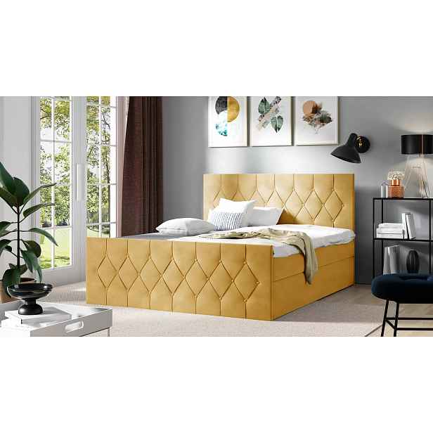 Čalouněná postel TIBOR LUX - 200x220, žlutá + topper ZDARMA