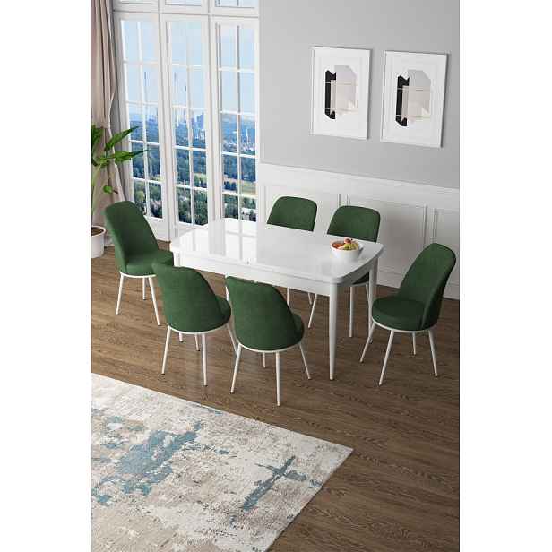 Extendable Dining Table & Chairs Set (7 Pieces) Zen - White, Khaki