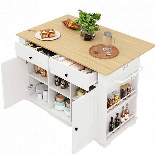 OKWISH KUCHYŇSKÝ ostrov 151,5/59,7/91,7 cm bílá a přírodní z MDF a kovu se zásuvkami a skládací deskou