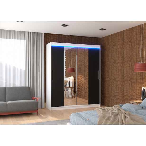 Šatní skříň se zrcadlem a LED osvětlením 180 cm EAFRA - bílá / černá