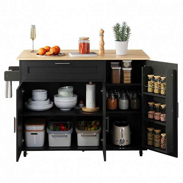 OKWISH KUCHYŇSKÝ vozík 132,5/44(70)/90 cm černá/přírodní z MDF se sklápěcí deskou a 5 kolečky
