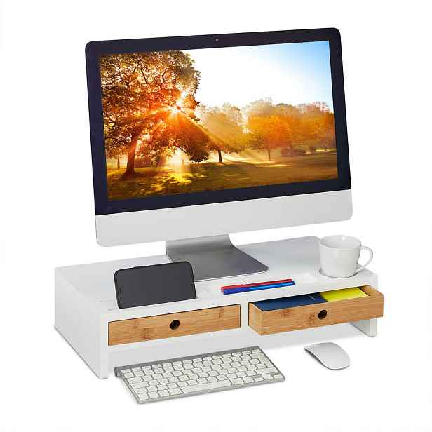 Relaxdays PODSTAVEC na monitor bílá přírodní 2-zásuvky 12x56x27 cm