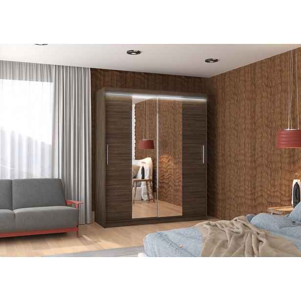 Šatní skříň se zrcadlem a LED osvětlením 180 cm EAFRA - tmavě hnědá