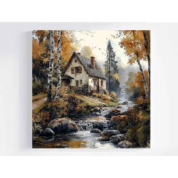 Obraz Na Plátně Canvas Krajina Podzimní Les Dům Chata Řeka Vodopád 50x50