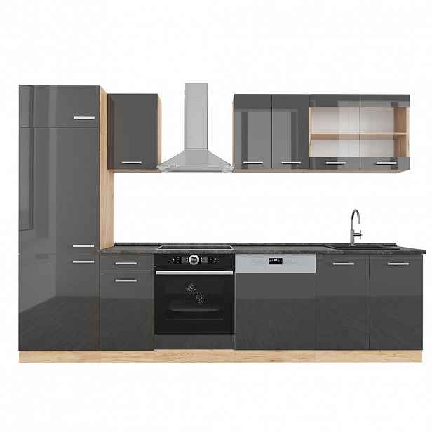 Vicco KUCHYŇSKÝ KOUT R-Line Antracitový vysoký lesk/zlatý dub power 300 cm , PD Antracit