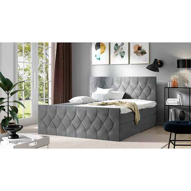 Čalouněná postel TIBOR LUX - 200x220, šedá + topper ZDARMA
