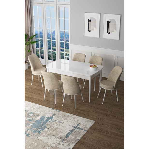 Extendable Dining Table & Chairs Set (7 Pieces) Zen - White, Cream