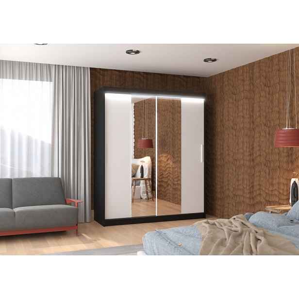 Šatní skříň se zrcadlem a LED osvětlením 180 cm EAFRA - černá / bílá