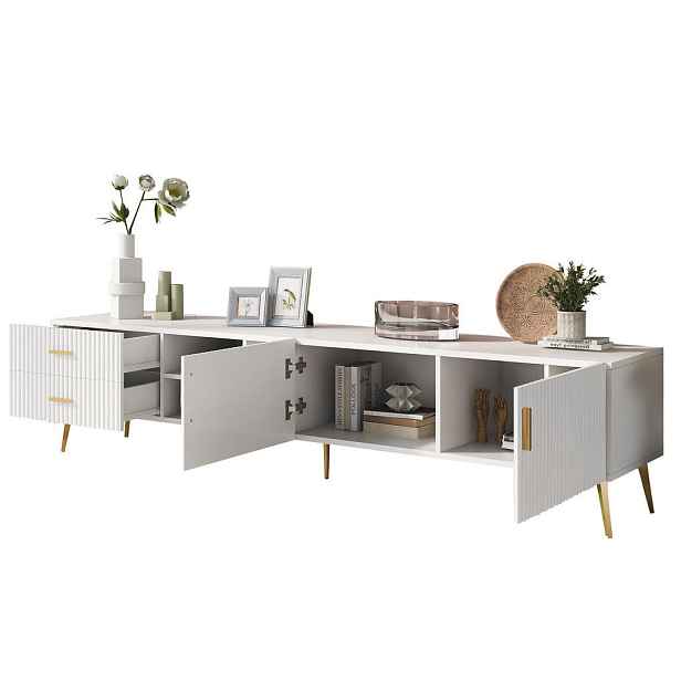 Redom TV stolek 180/35/41 cm pro TV do 80 palců, se 2 zásuvkami a 2 dvířky, z MDF, Bílá