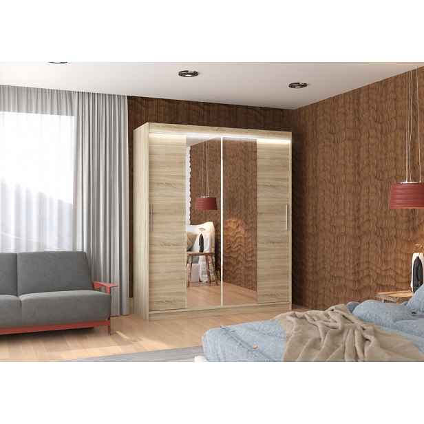 Šatní skříň se zrcadlem a LED osvětlením 180 cm EAFRA - dub sonoma