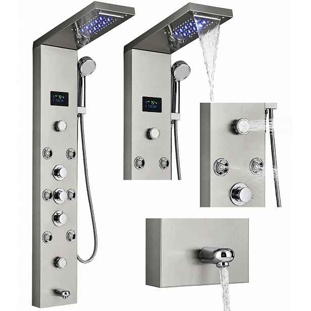 Led Sprchový Panel Sprcha Vodopád Hydromasáž Displej Stříbrný