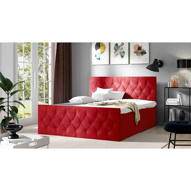 Čalouněná postel TIBOR LUX - 200x220, červená + topper ZDARMA