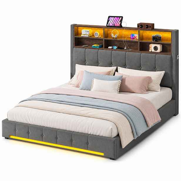 CHICFURN ČALOUNĚNÁ POSTEL 180/200 cm v tmavě šedé barvě s úložným prostorem, LED a USB-C