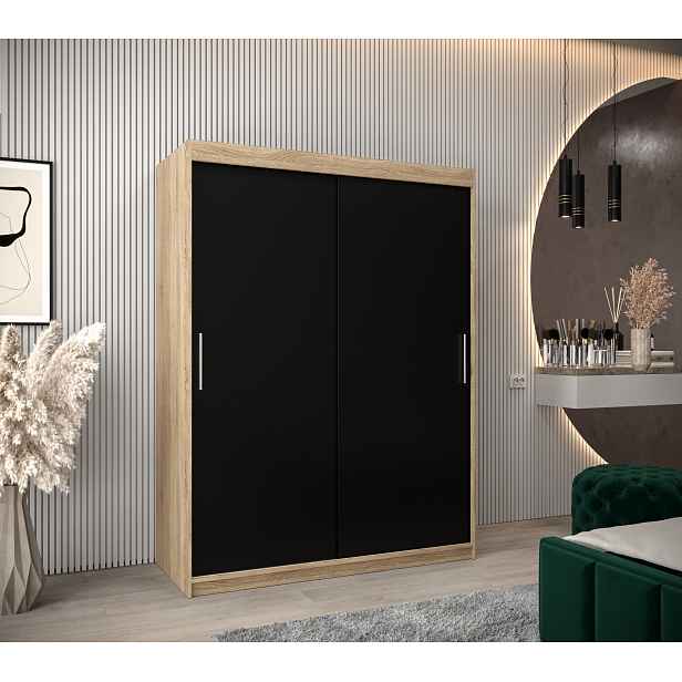 Šatní skříň Abi T0 s posuvnými dveřmi Barva korpusu: Dub Sonoma, Rozměry: 150 cm, Dveře: Černá