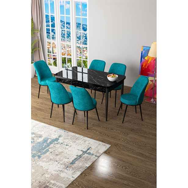 Extendable Dining Table & Chairs Set (7 Pieces) Zen - Black Marble, Turquoise
