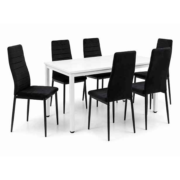 Jídelní set stůl 120x60 cm v loftovém stylu, bílý 6 černých sametových židlí Axell