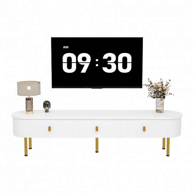 OKWISH TV stolek 174/35/41 cm bílá z MDF s lesklým povrchem, zlatými úchyty a nohami