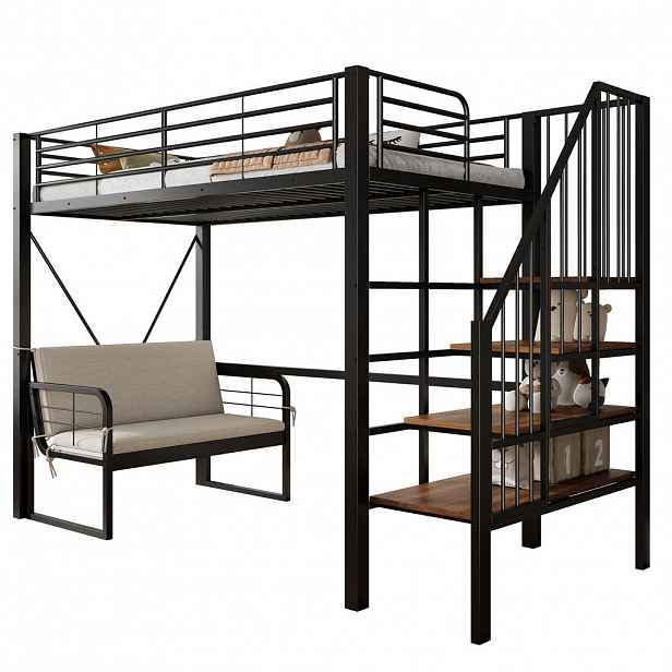 CHICFURN PATROVÁ POSTEL 90/200 cm v černé barvě se schodištěm, úložným prostorem a pohovkou