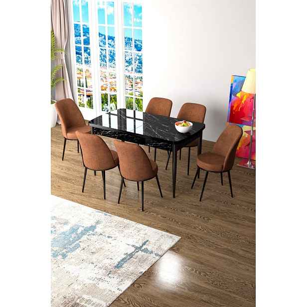 Extendable Dining Table & Chairs Set (7 Pieces) Zen - Black Marble, Tile Red