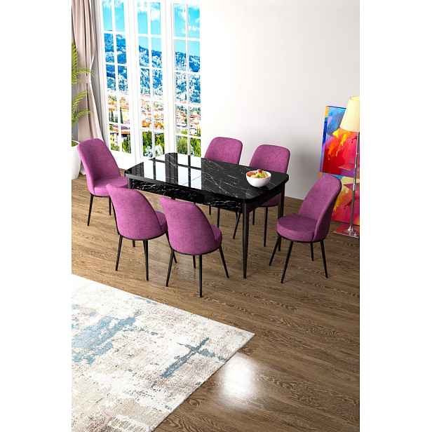 Extendable Dining Table & Chairs Set (7 Pieces) Zen - Black Marble, Purple