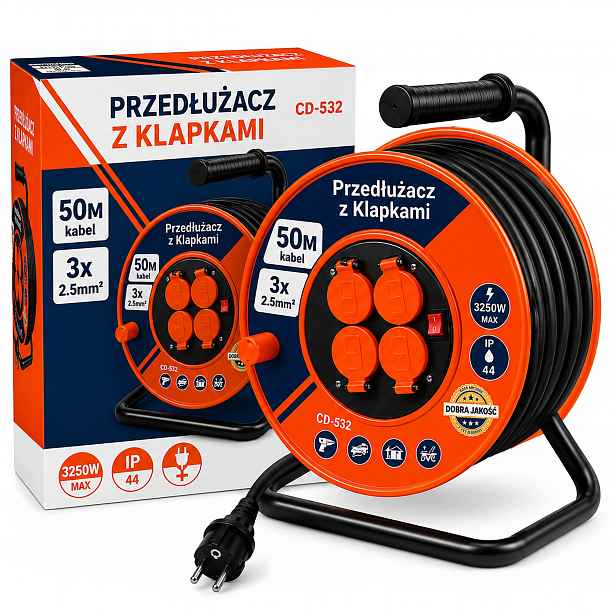 Prodlužovací Kabel Bubnová 50M S Klapkami Kabel 3x2,5mm Zahradní Stavební Kabel