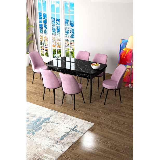 Extendable Dining Table & Chairs Set (7 Pieces) Zen - Black Marble, Pink