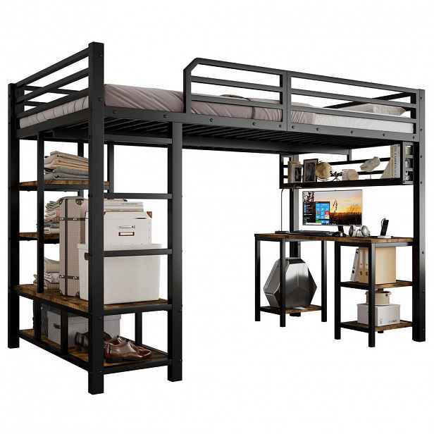 STILVORA HOCHBETT 120/200 cm in Schwarz & Dunkler Walnuss mit Schreibtisch und Ablagefläche
