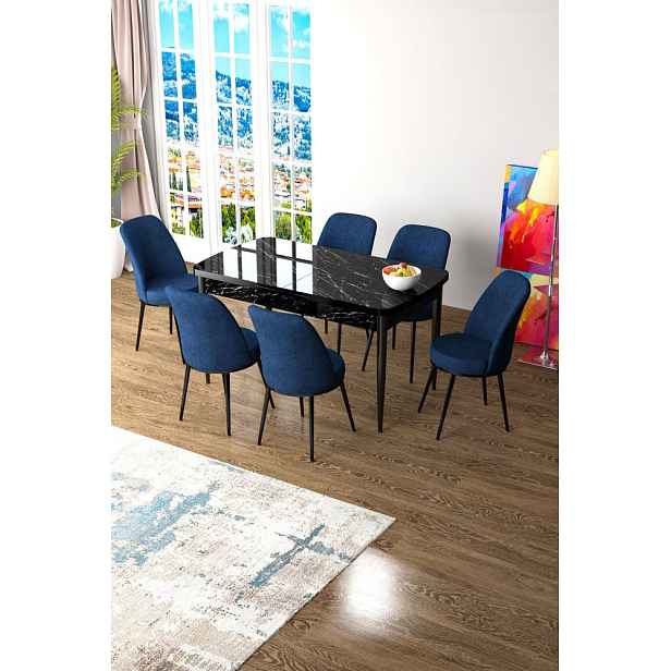 Extendable Dining Table & Chairs Set (7 Pieces) Zen - Black Marble, Navy Blue