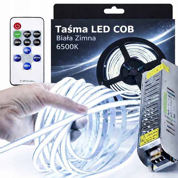 Sada Led pásků Neon Cob 5m 6000K Bílá Studená Napájecí Zdroj 60W Dálkový Ovladač