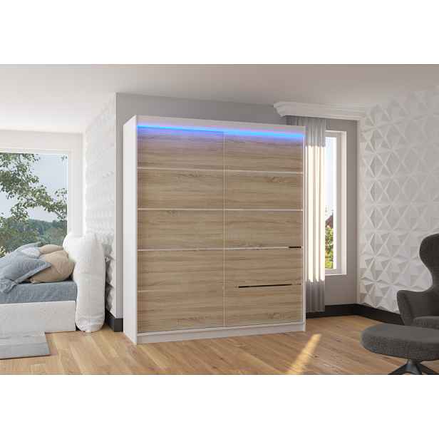 Skříň s posuvnými dveřmi a LED osvětlením 180 cm NABNA - bílá / dub sonoma