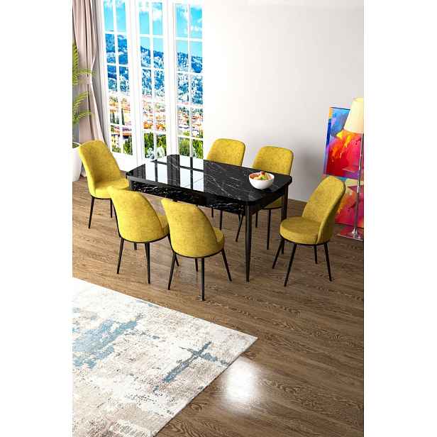 Extendable Dining Table & Chairs Set (7 Pieces) Zen - Black Marble, Mustard