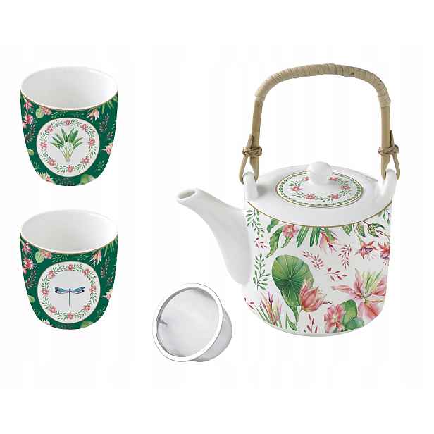 Konvice 600 ml s konvičkou 2 šálky, motiv květin, barevný set