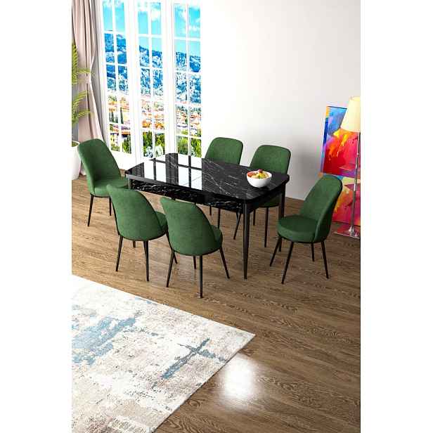 Extendable Dining Table & Chairs Set (7 Pieces) Zen - Black Marble, Khaki