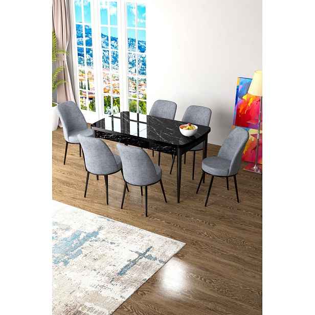 Extendable Dining Table & Chairs Set (7 Pieces) Zen - Black Marble, Grey