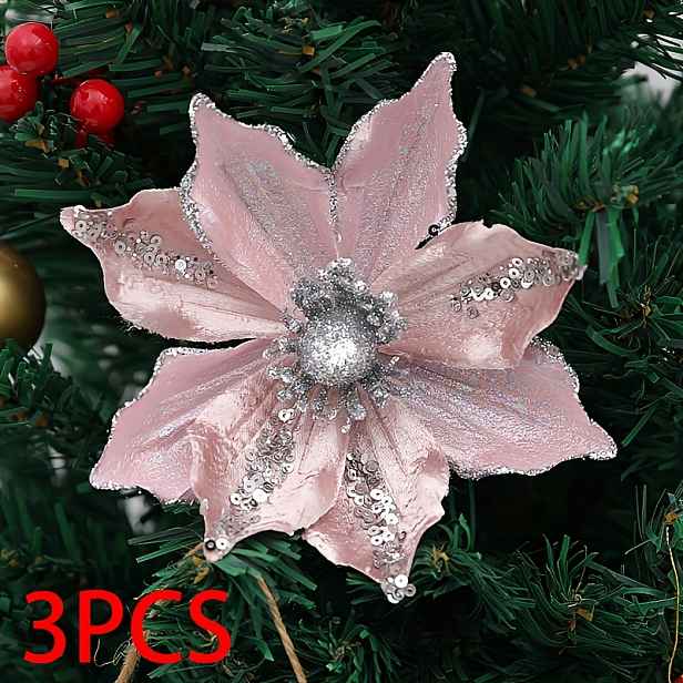TEMU 3 ks Vánoční třpytivé magnoliové květiny, ozdoby, umělá magnoliová květiny, růžové vánoční stromky, květiny na vánoční stromek, vánoční věnec,