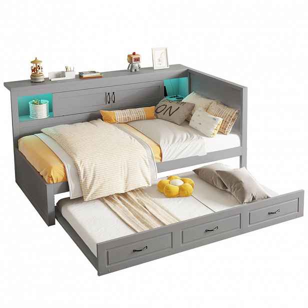 CHICFURN POSTEL 90/200 cm v šedé barvě s výsuvným lůžkem, LED a USB