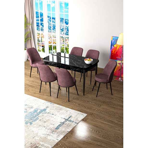 Extendable Dining Table & Chairs Set (7 Pieces) Zen - Black Marble, Dusty Rose