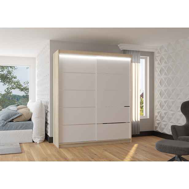 Skříň s posuvnými dveřmi a LED osvětlením 180 cm NABNA - dub sonoma / bílá
