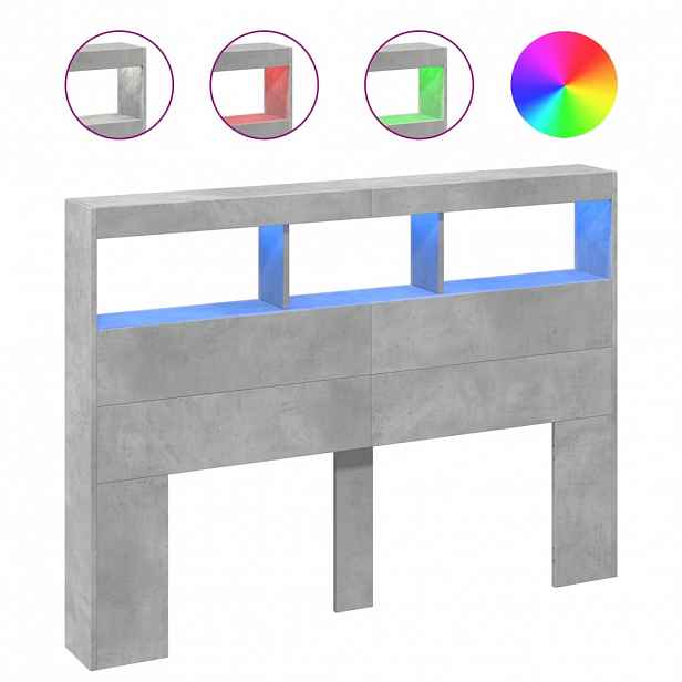 vidaXL Čelo postele úložný prostor a LED betonově šedé 140x17x102 cm