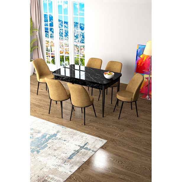 Extendable Dining Table & Chairs Set (7 Pieces) Zen - Black Marble, Cappuccino