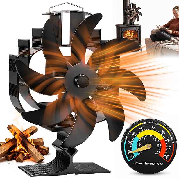 Krbový ventilátor 8-lopatkový 20 cm černý s teploměrem 6 cm 25 dB a dům