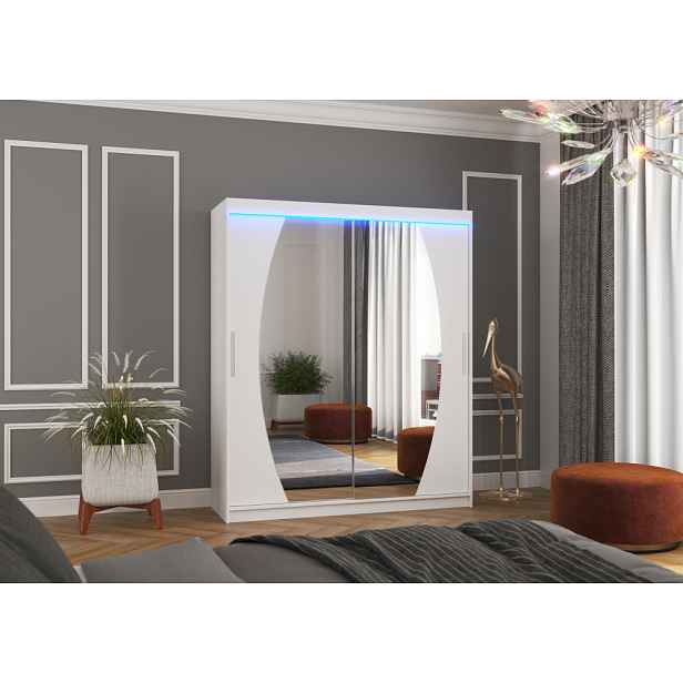 Šatní skříň se zrcadlem a LED osvětlením 180 cm ZABRIX - bílá