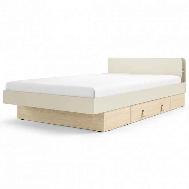 Beautysofa POSTEL Sorella 120 × 200 cm s lamelovým roštem a úložnou zásuvkou, bez matrace, macadamia + dub Mavelie