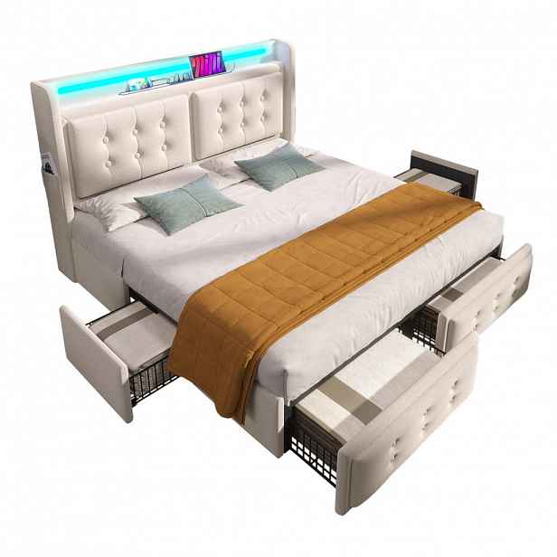CHICFURN ČALOUNĚNÁ POSTEL 180/200 cm v béžové barvě se 4 zásuvkami, LED a USB