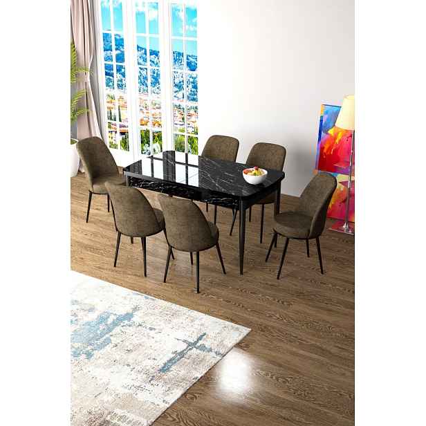 Extendable Dining Table & Chairs Set (7 Pieces) Zen - Black Marble, Brown