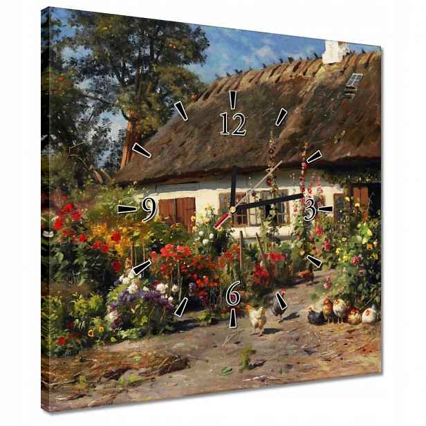 Hodiny 40x40 Venkovský domek s květinami
