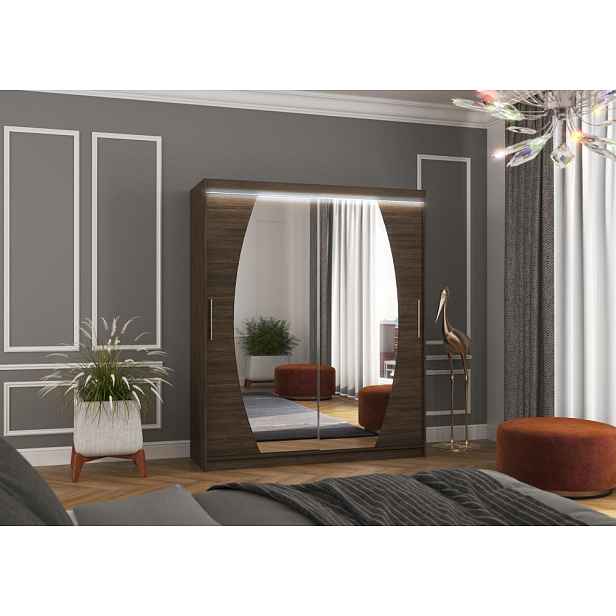 Šatní skříň se zrcadlem a LED osvětlením 180 cm ZABRIX - tmavě hnědá