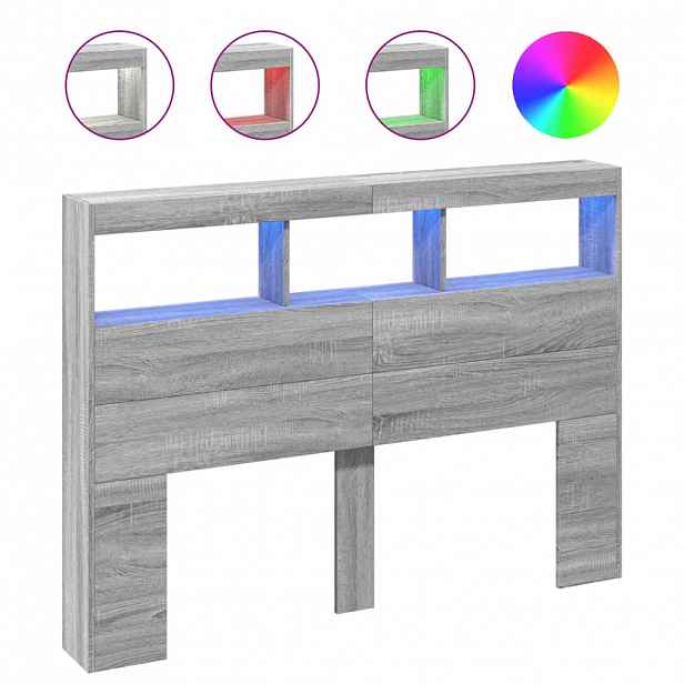 vidaXL Čelo postele s úložným prostorem a LED šedé sonoma 140x17x102cm